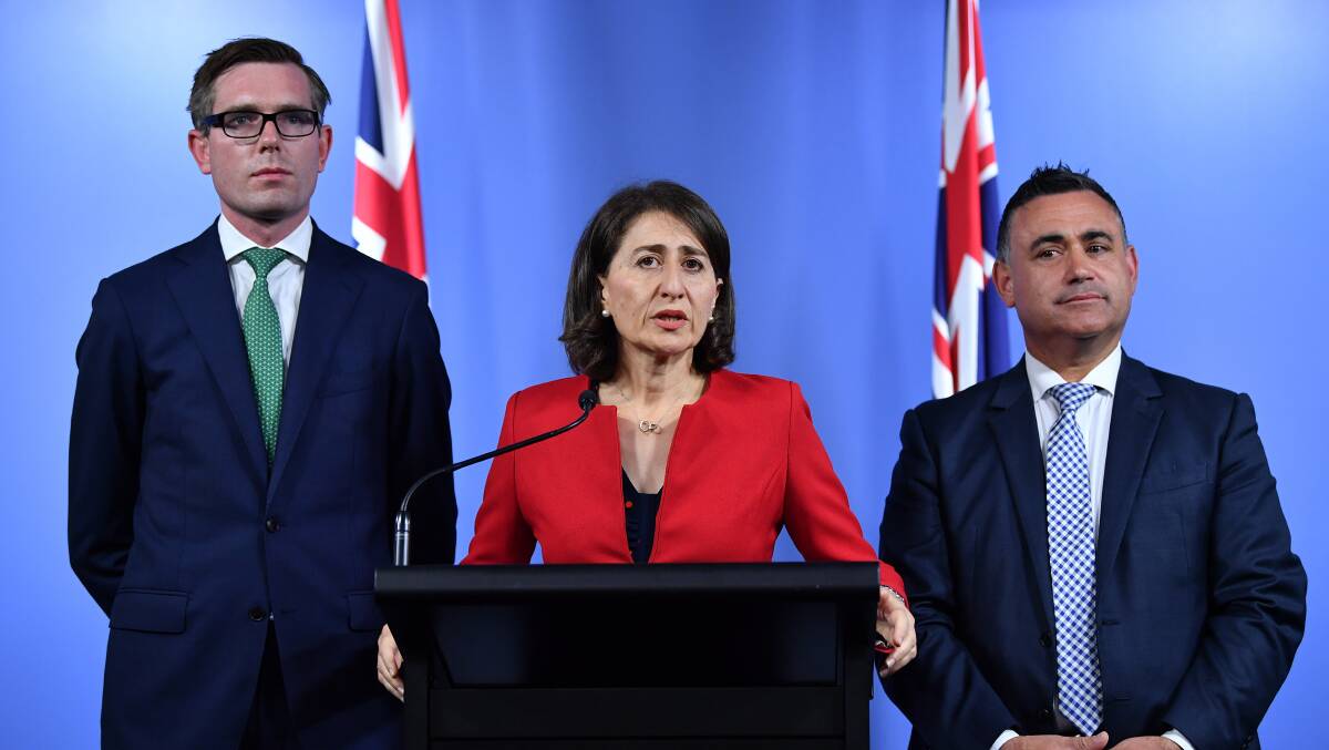 NSW Treasurer Dominic Perrottet, Premier Gladys Berejiklian and Deputy Premier John Barilaro announced the NSW budget on Tuesday. Photo: AAP