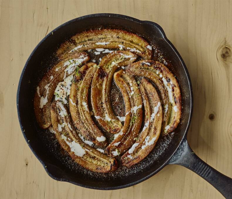 Sticky miso bananas with lime and toasted rice. Picture: Elena Heatherwick