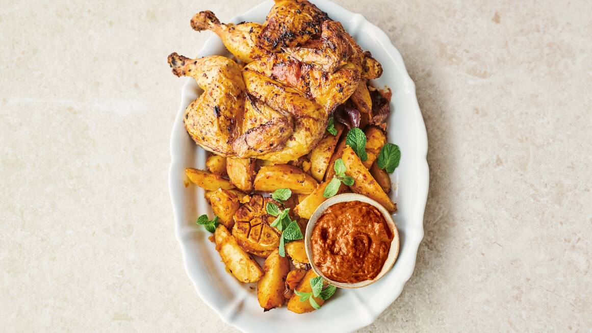 My easy peri peri chicken with garlic, smoked paprika, harissa, mint and chunky potato wedges. Picture: Levon Biss