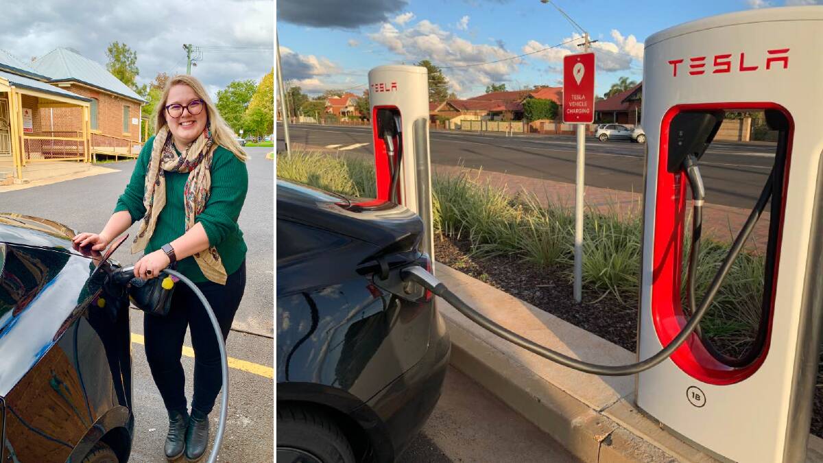 LEFT: My partner, Madeline, topping up the car in Mudgee while we head to the weekend markets. RIGHT: Charging in Dubbo. 