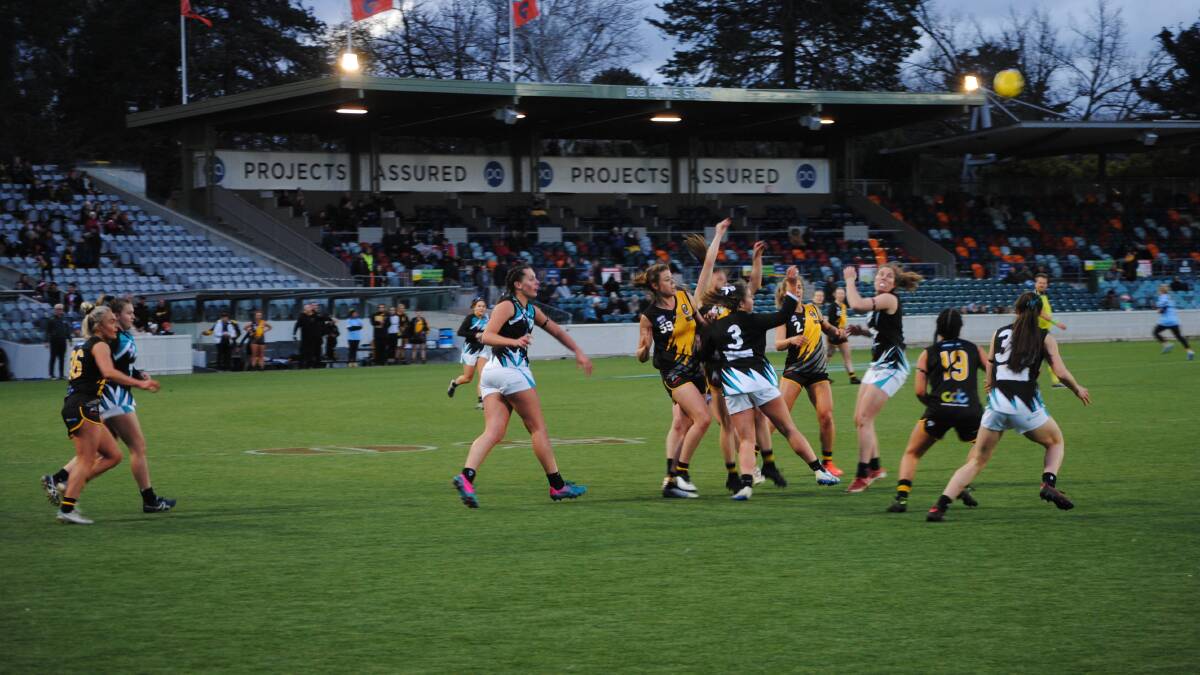 Queanbeyan and Belconnen players contest a boundary throw-in during the women's senior grand final. The Tigerettes won by eight goals. Photo, Phil Mayne