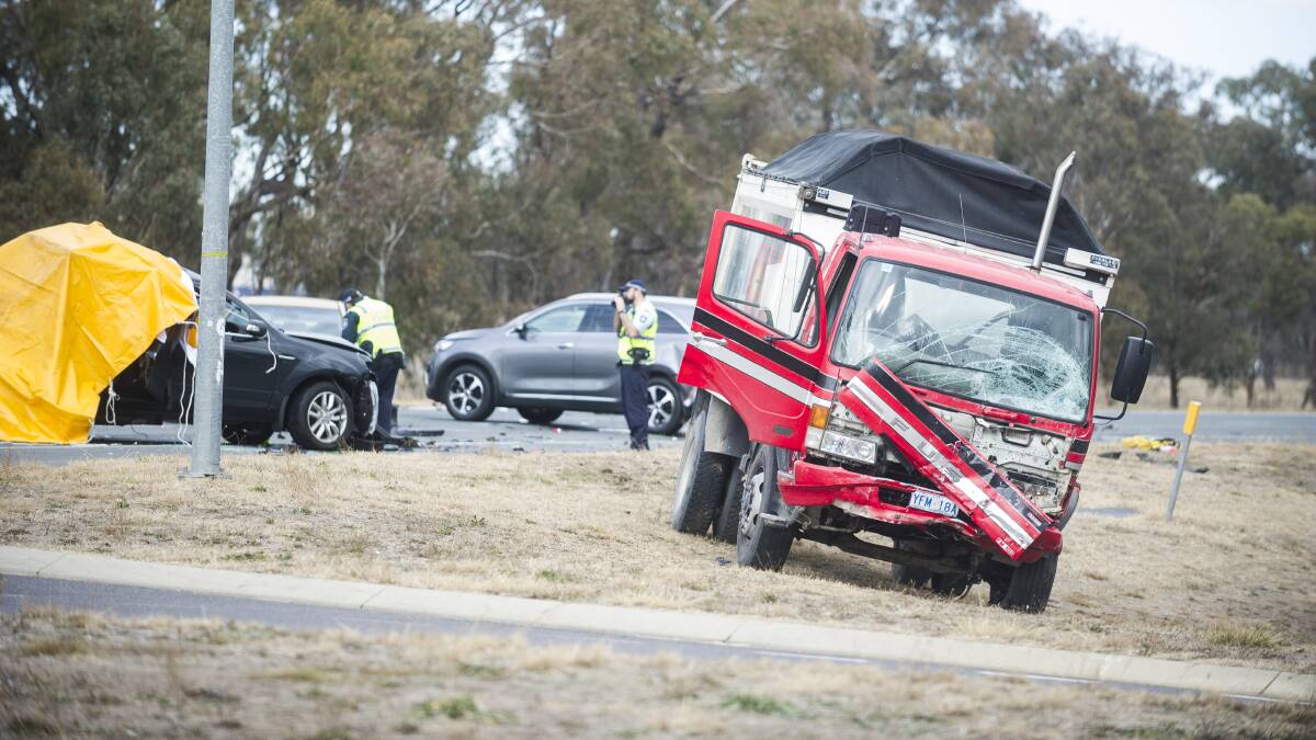 The 2018 crash on the Monaro Highway, in which a truck ploughed into the rear of a stationary car and killed a four-year-old boy in the back seat. Improved brake technology would have minimised the impact. Picture: Dion Georgopoulos