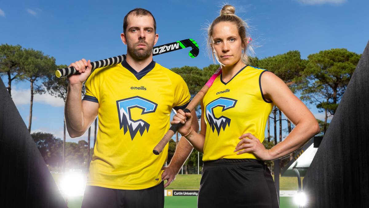 New-look: Canberra's Andrew Charter and Edwina Bone show off the Canberra Chill's new uniforms. Photo: Hockey ACT. 
