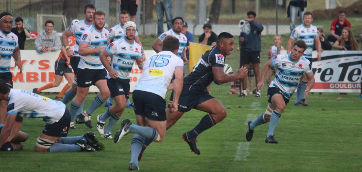 Break out: The Brumbies' Irae Simone streaks toward the tryline during the Brumbies' 34-28 win over the Waratahs in a trial match at Goulburn. Photo: Zac Lowe.