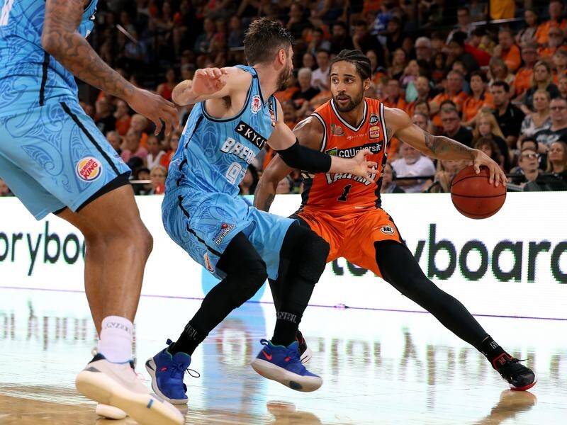 Melo Trimble (right) led the Taipans scoring with 32 points in the NBL win over NZ Breakers.