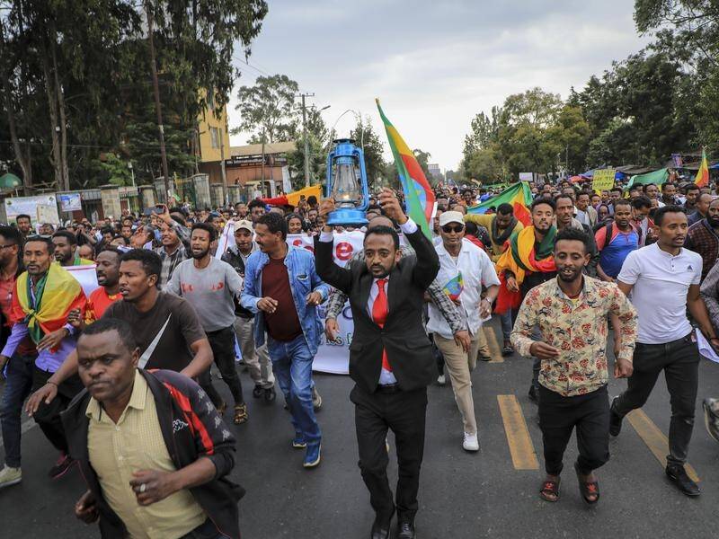 Ethiopians protest outside the US embassy in the capital Addis Ababa.