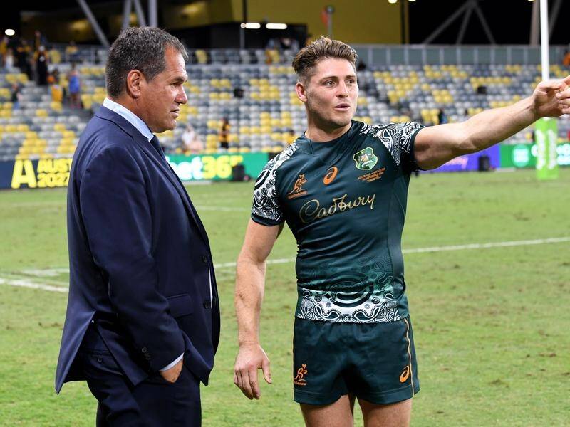 Coach Dave Rennie and James O'Connor after the Wallabies' Test win over Argentina in Townsville.