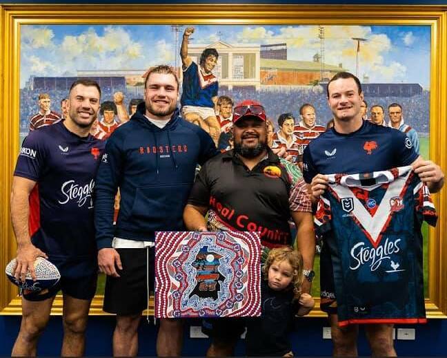 James Tedesco, Angus Crichton, Jason Ridgeway and Boyd Cordner with the Sydney Roosters 2021 Indigenous Jersey. Photo: Supplied