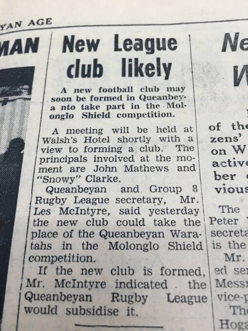 An article from the Queanbeyan Age on February 11, 1966 about the impending creation of the Queanbeyan Kangaroos. Photo: Queanbeyan Age.