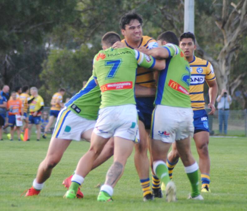 Wrapped Up: Parramatta Eels U20s second rower Aaron Shelford being tackled by three Canberra Raiders players during the first half of the trial match. Photos: Burney Wong. 