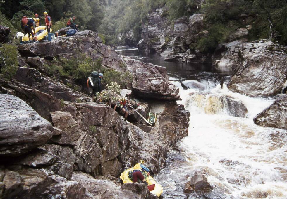 THE JOURNEY: Activists journey on the Franklin River at Nasty Notch. Picture: Supplied